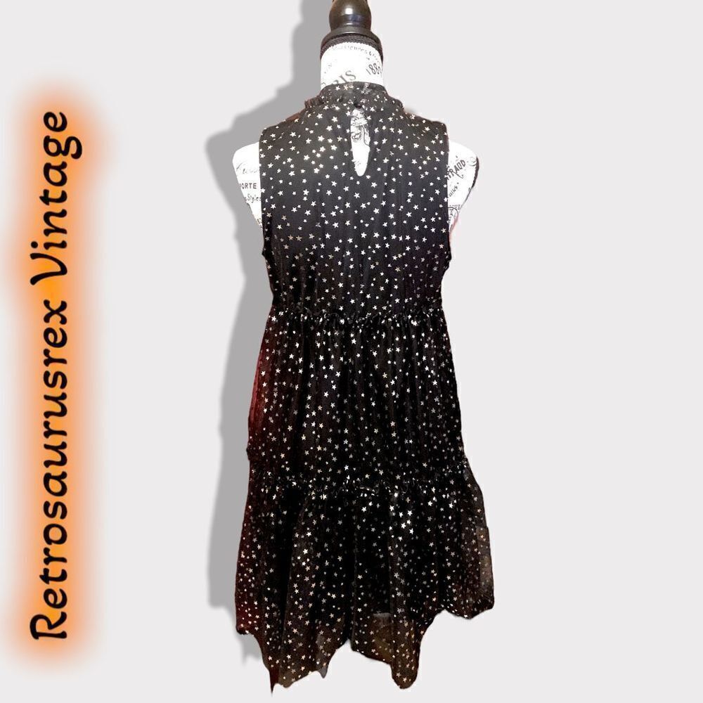 POPSUGAR Babydoll Gold Foil Star Tiered Little Black Party Dress, XS - Picture 5 of 8